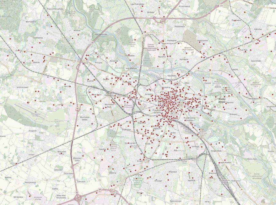 Map of the whole of Wrocław with all the dwarfs
